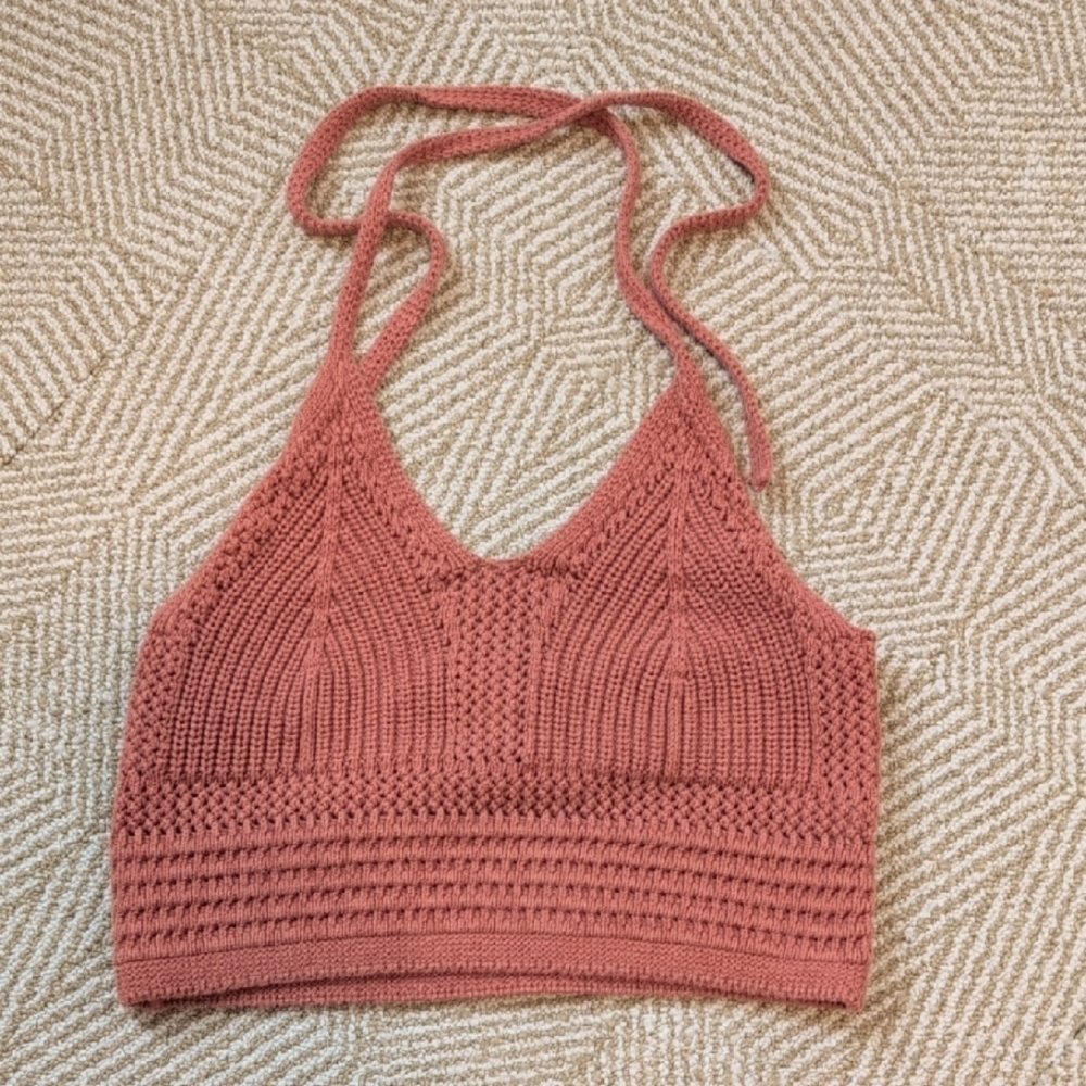 Aerie Cotton Crochet Halter Crop Bralette Top in Terracotta Rust Size Small